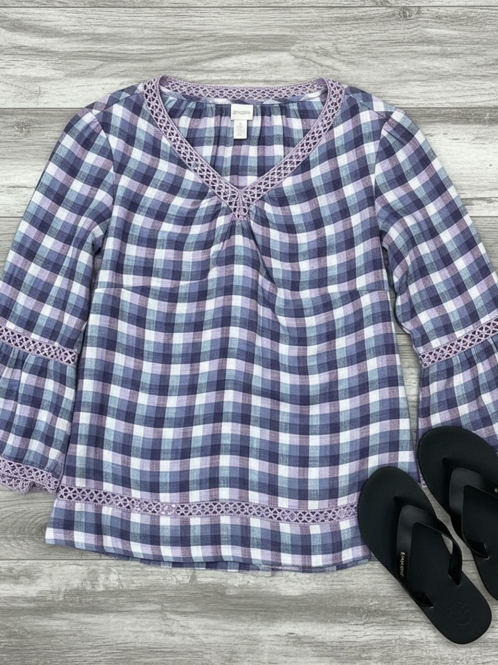 Chico's Purple Linen Plaid Gingham Pullover Top Large